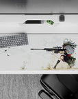 36x16 inches anime desk pad with airy white smoke, sandy tones, and bold red accents for a fierce mood.
