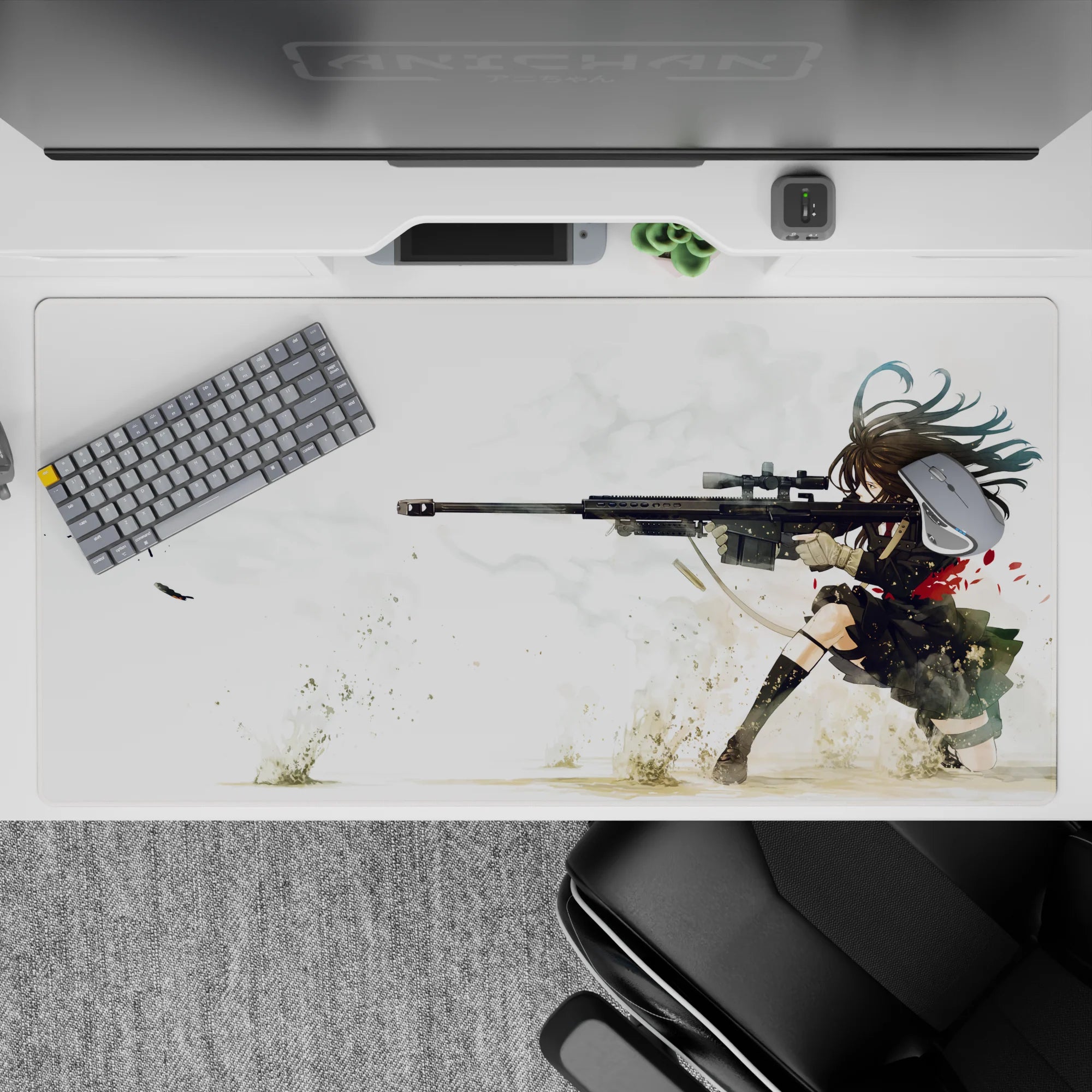 40x20 inches anime desk pad with airy whites and sand tones, bold red accents, calm lethal vibe.