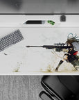 40x20 inches anime desk pad with airy whites and sand tones, bold red accents, calm lethal vibe.