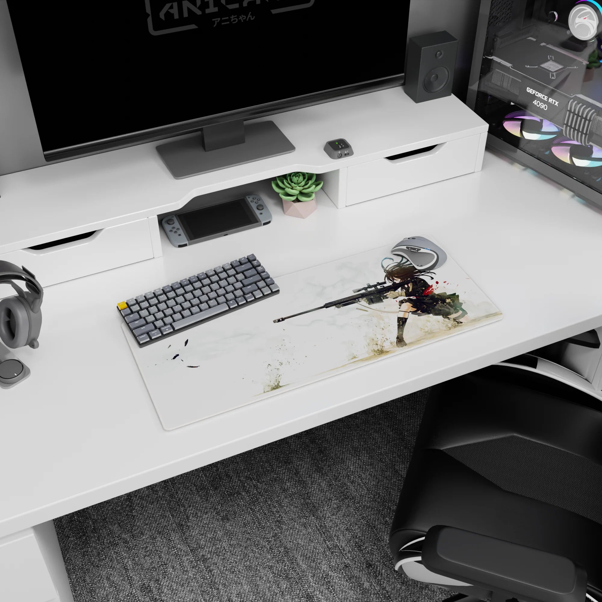 Long-haired anime sharpshooter aiming a sniper rifle on mouse pad 28x12 inches, hair whipping in wind.