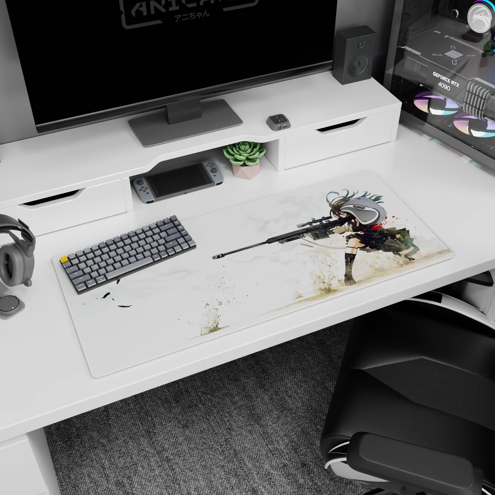 Anime girl desk pad 36x16 inches showing a calm sharpshooter, hair whipping, braced behind a sniper rifle.