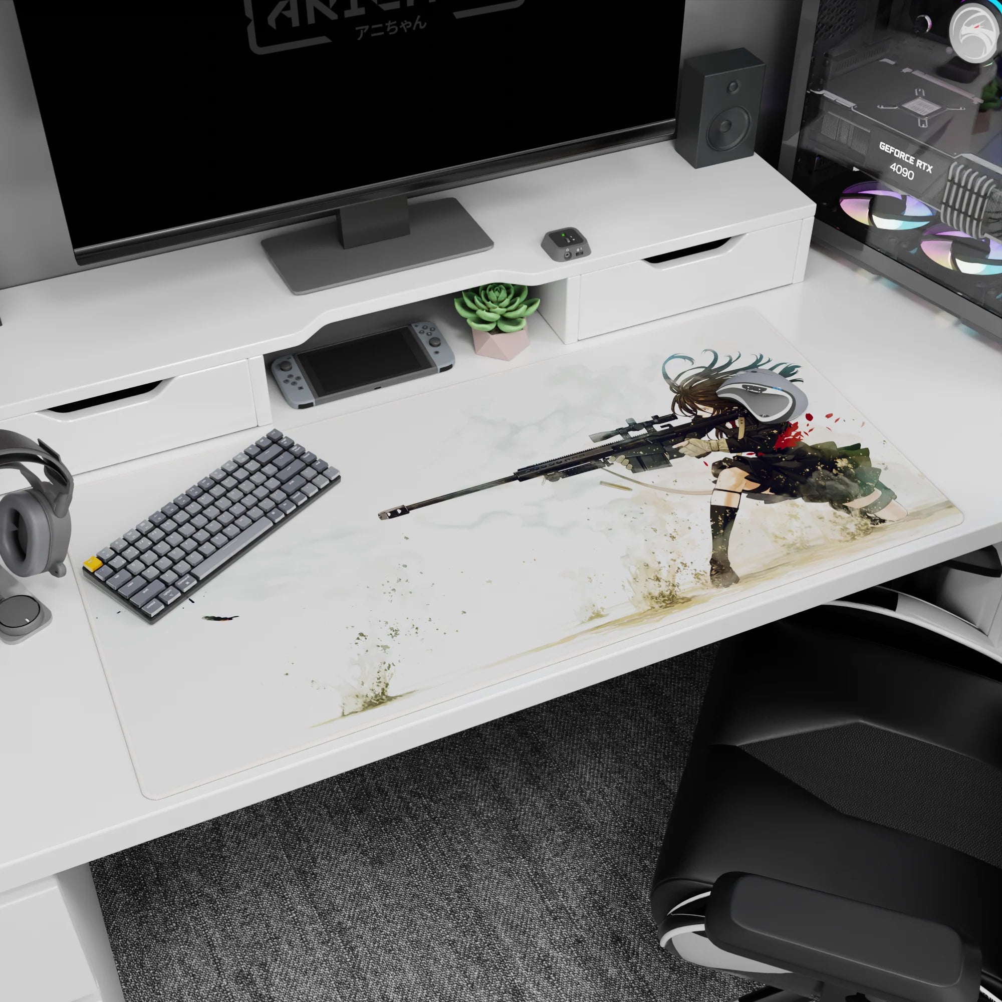 40x20 inches anime mouse pad showing fierce sharpshooter girl aiming a sniper rifle, hair whipping in smoke.