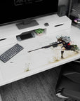 40x20 inches anime mouse pad showing fierce sharpshooter girl aiming a sniper rifle, hair whipping in smoke.