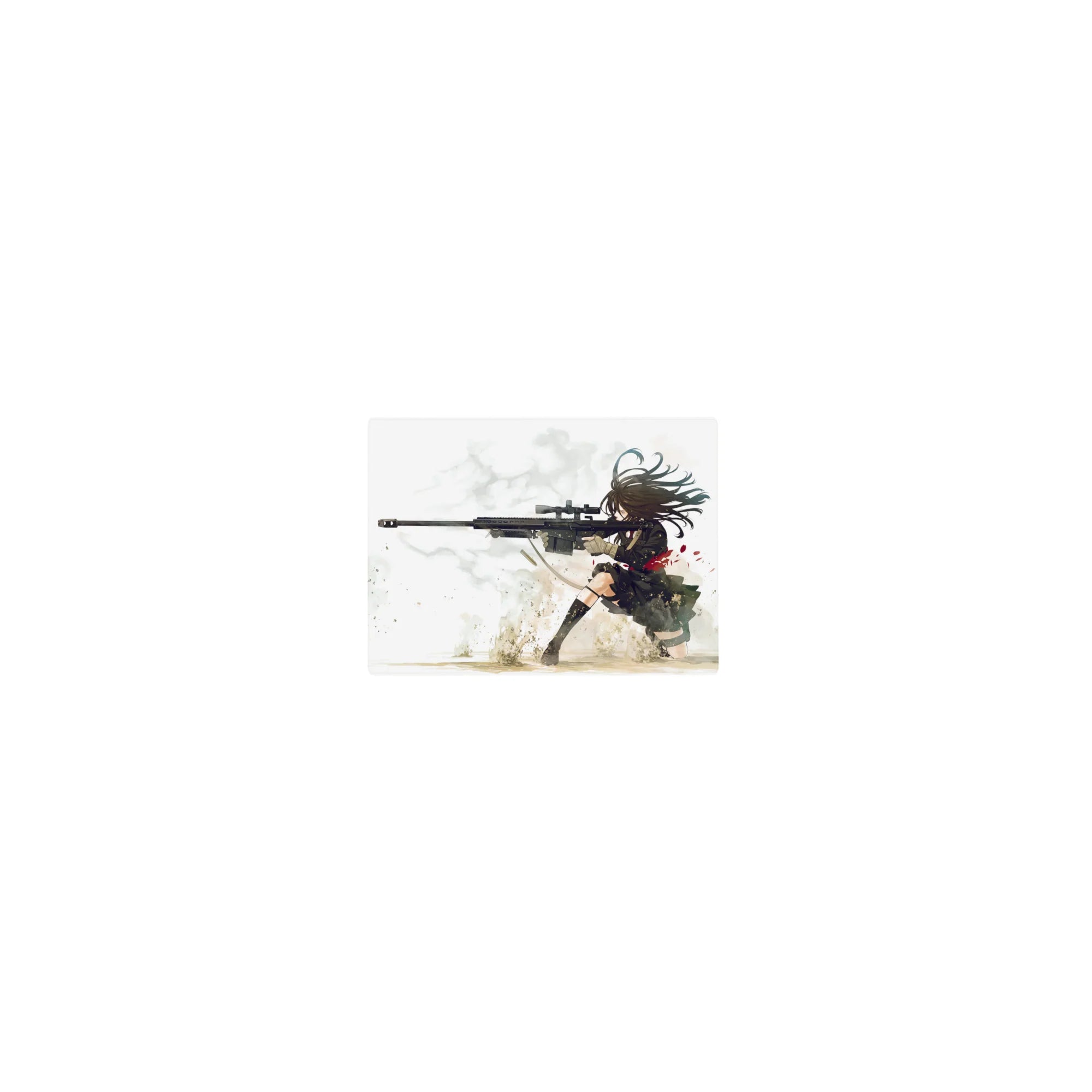 Classic anime girl mouse pad 14x10 inches with long-haired sniper in black uniform and rifle art.