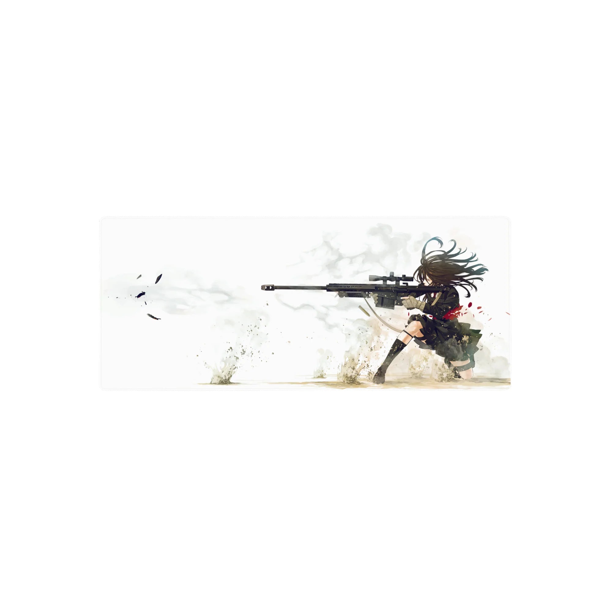 Anime girl sniper mouse pad 28x12 inches, long-haired sharpshooter in black uniform with rifle.