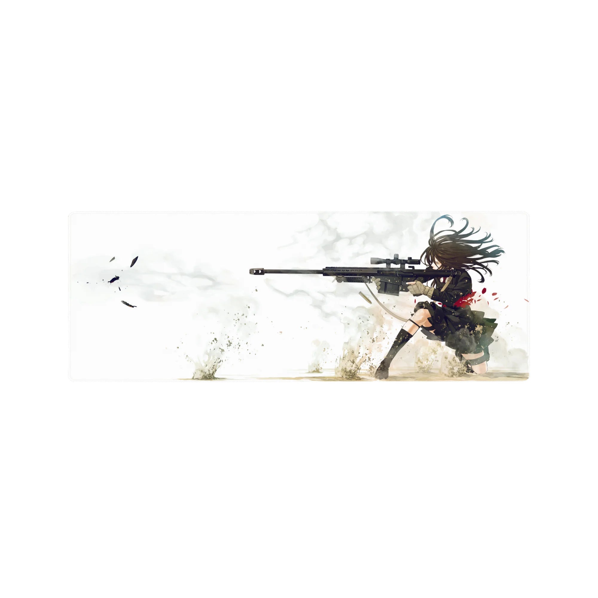 32x12 inches anime girl mouse pad with long-haired sniper in black uniform and red accent splatter.