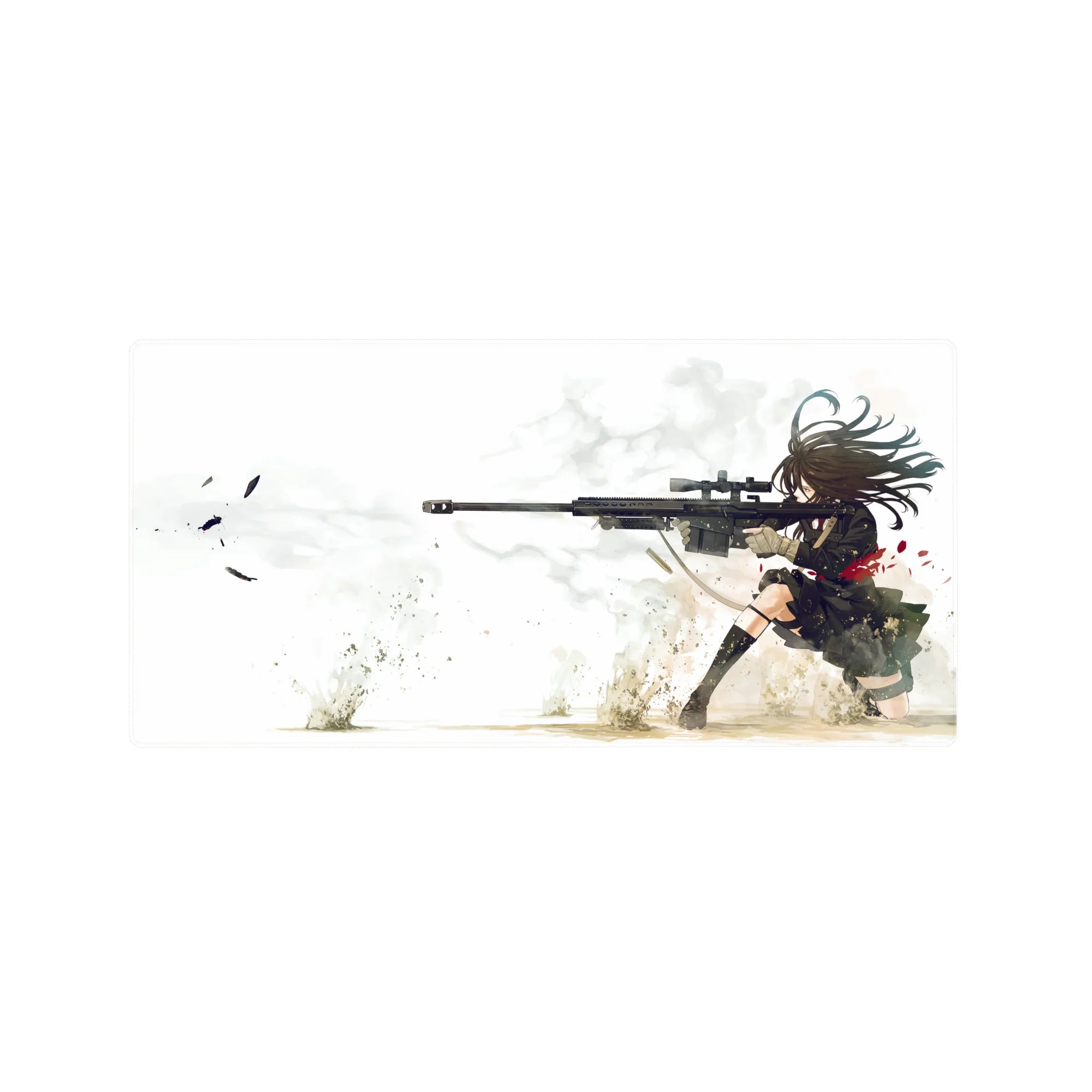 Anime girl mouse pad 32x16 inches with long-haired sniper in black uniform, dynamic action art.