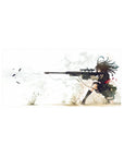 Anime girl mouse pad 32x16 inches with long-haired sniper in black uniform, dynamic action art.