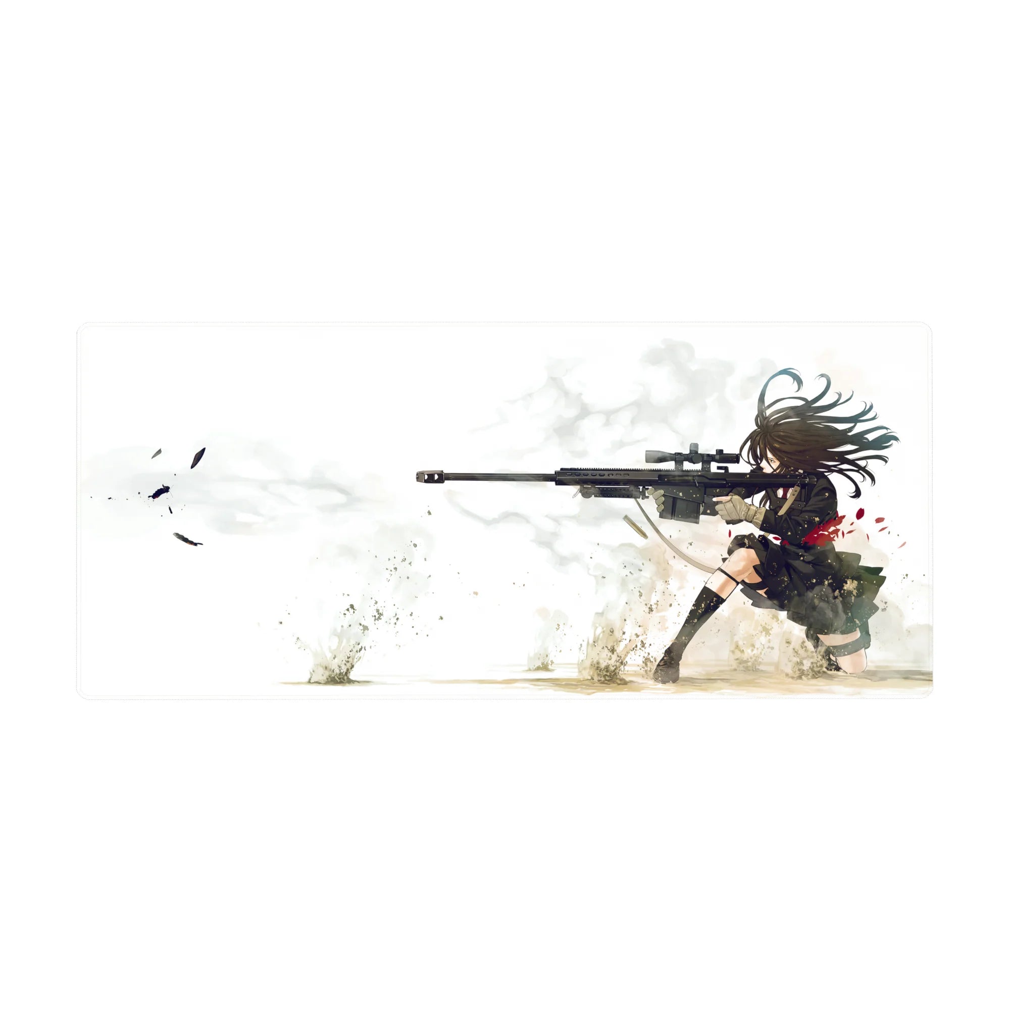 Anime girl desk pad 36x16 inches with long-haired sniper in black uniform, dynamic smoke and sand splashes.
