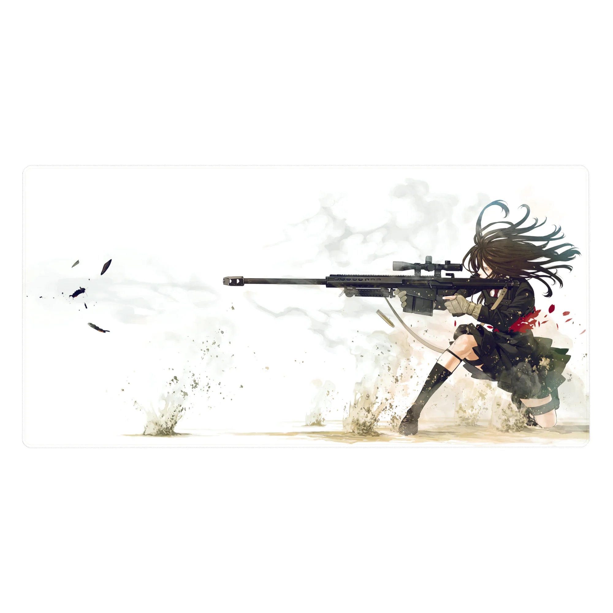 Anime girl desk pad 40x20 inches with long-haired sniper in black uniform, dynamic action illustration.