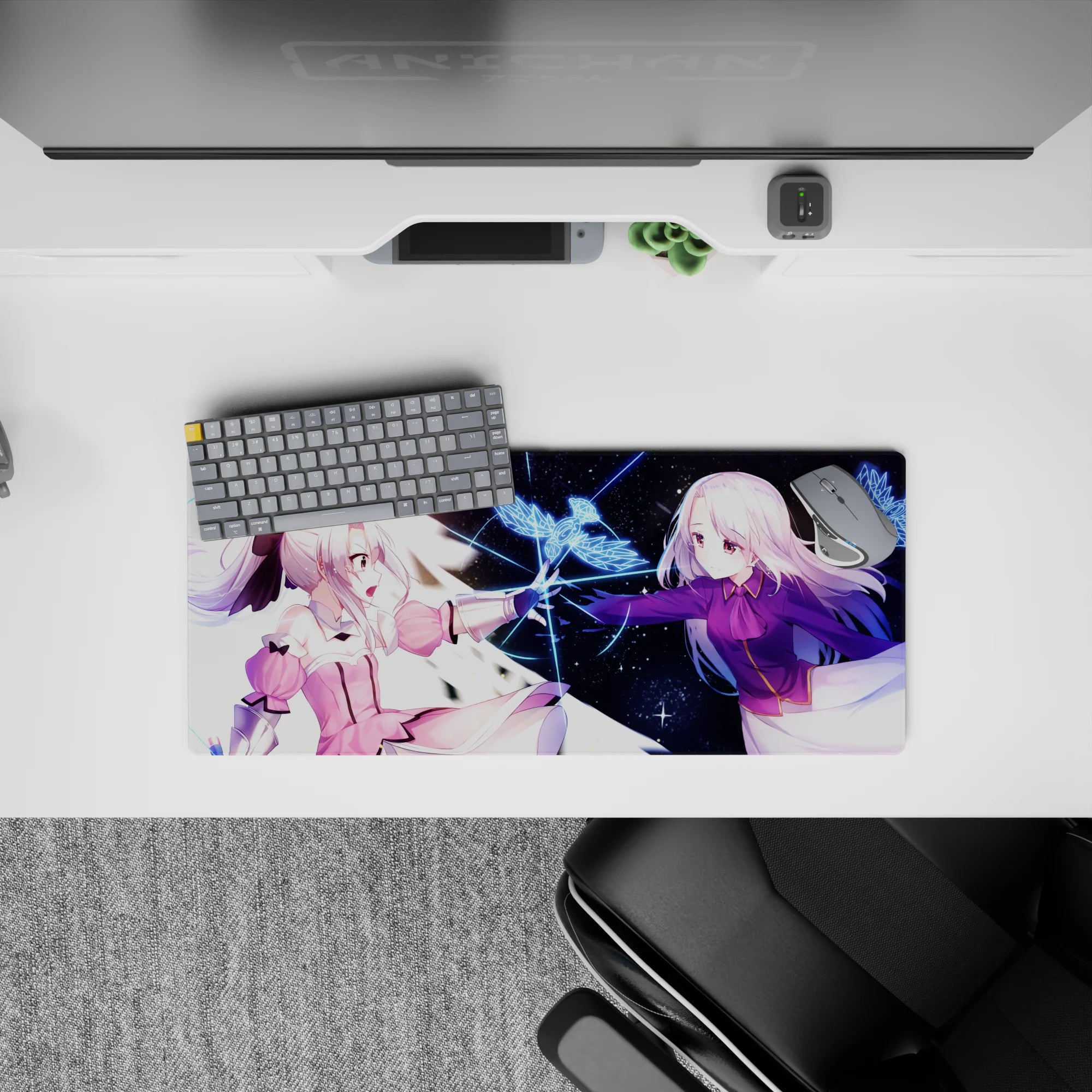 28x12 inches anime girl mouse pad in soft pink and deep violet, dreamy friendship vibe on a galaxy backdrop.