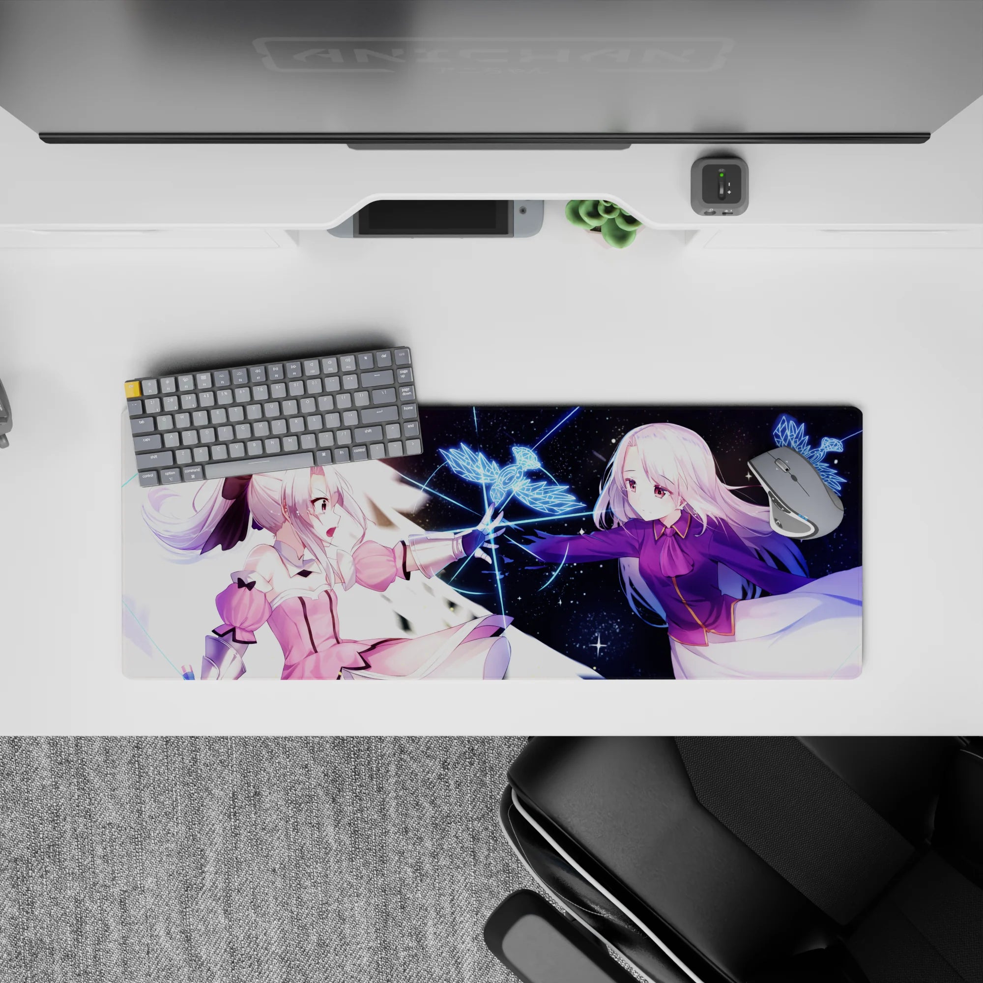 32x12 inches anime girl mouse pad in pink and deep violet with neon-blue glow, dreamy friendship vs fate mood.