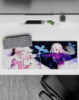 32x12 inches anime girl mouse pad in pink and deep violet with neon-blue glow, dreamy friendship vs fate mood.
