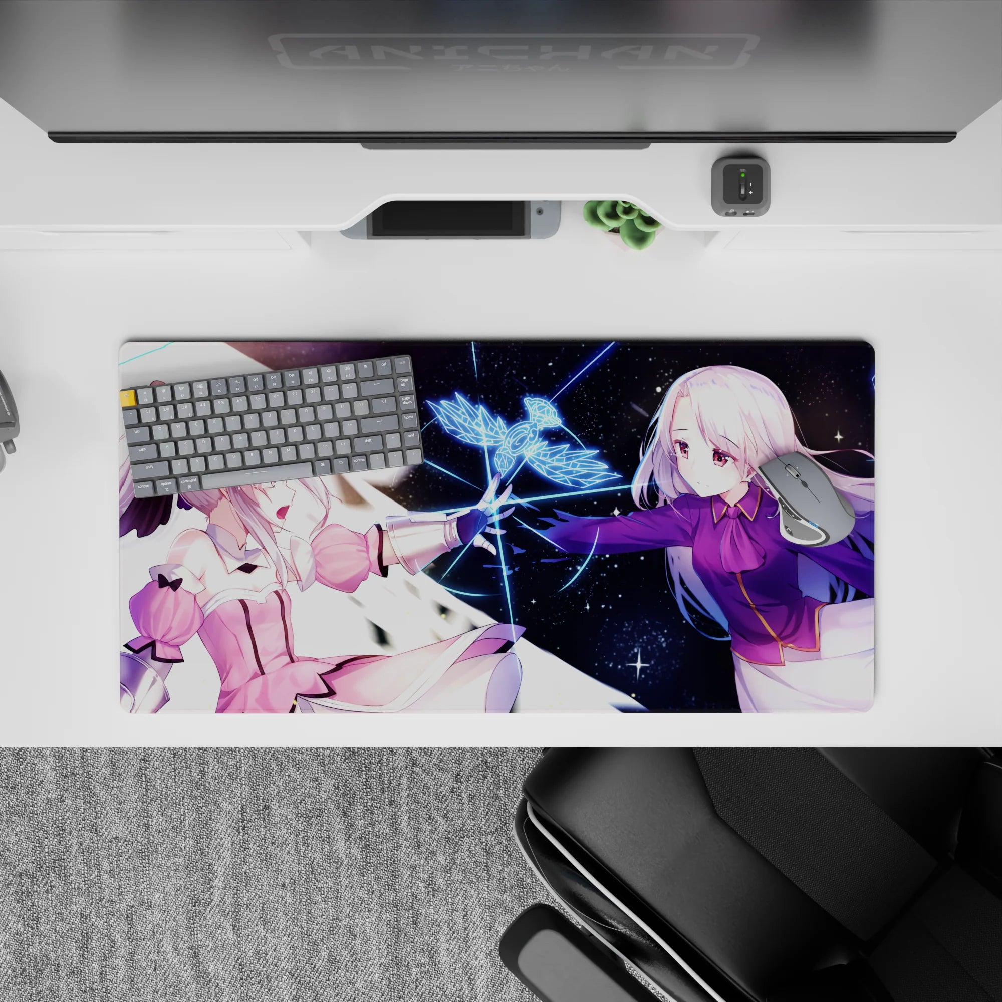 32x16 inches anime mouse pad in pink frills and deep violet sleeves, dreamy friendship vs fate mood.