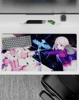 32x16 inches anime mouse pad in pink frills and deep violet sleeves, dreamy friendship vs fate mood.