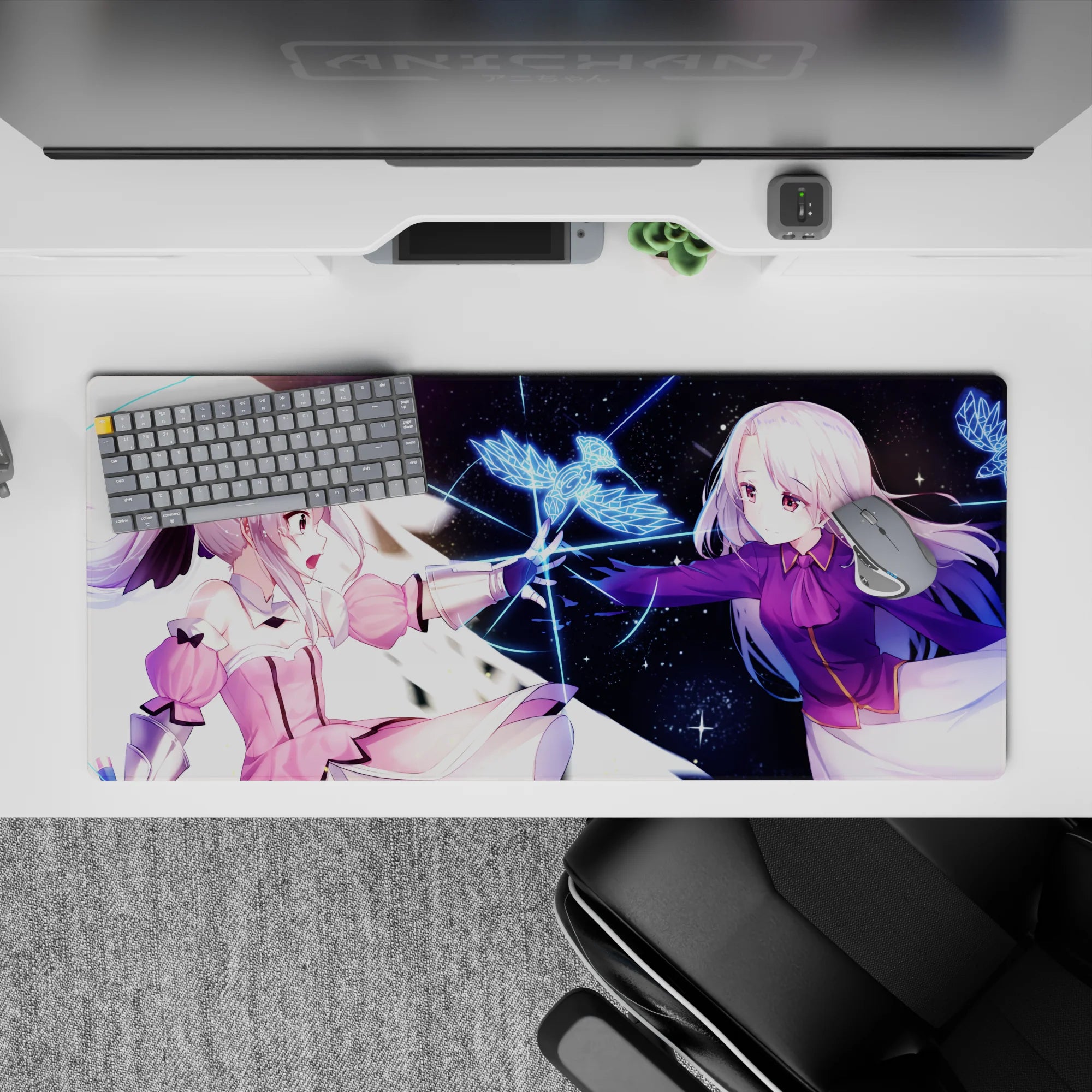 36x16 inches anime desk pad in pink, violet, and neon blue, dreamy friendship vs fate mood on space backdrop.