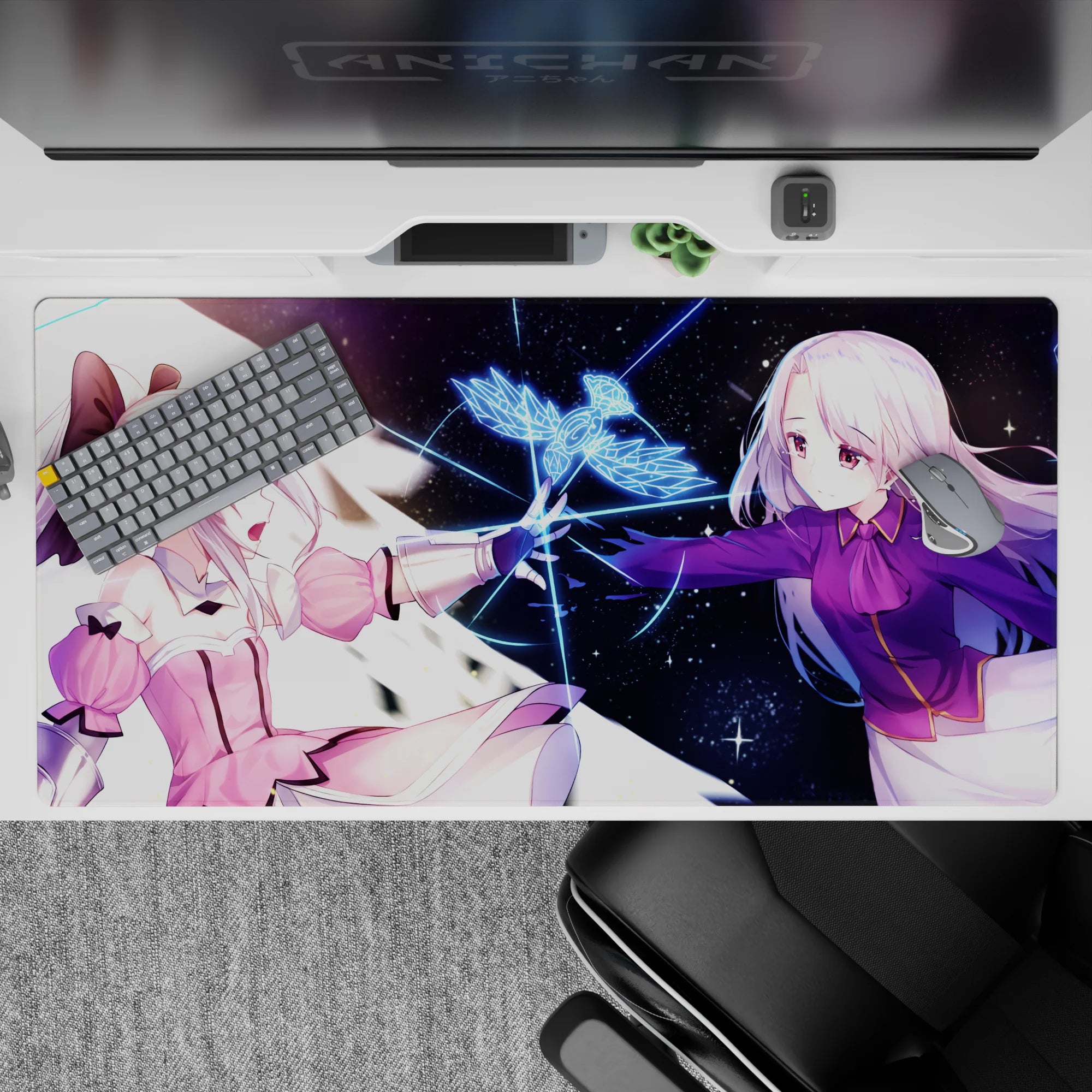 Neon-blue bird sigil on a 40x20 inches anime desk pad, pink frills and violet sleeves, dreamy vibe.