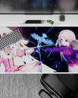 Neon-blue bird sigil on a 40x20 inches anime desk pad, pink frills and violet sleeves, dreamy vibe.