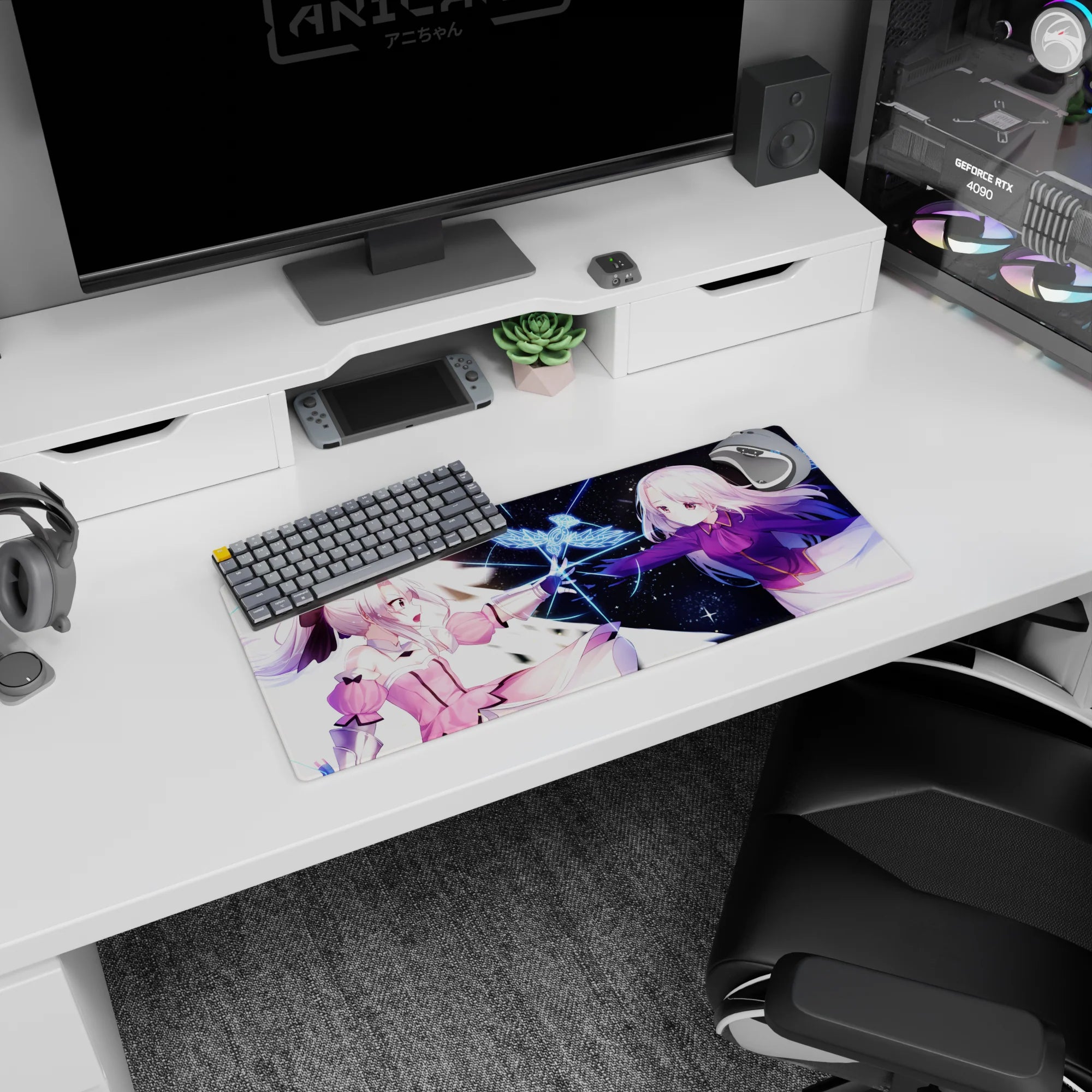 Anime girl mouse pad 28x12 inches showing two girls touching fingertips, blue bird emblem sparking in space.
