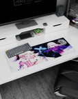 32x12 inches anime girl mouse pad showing two girls touching fingertips, sparking a neon-blue bird on space backdrop.