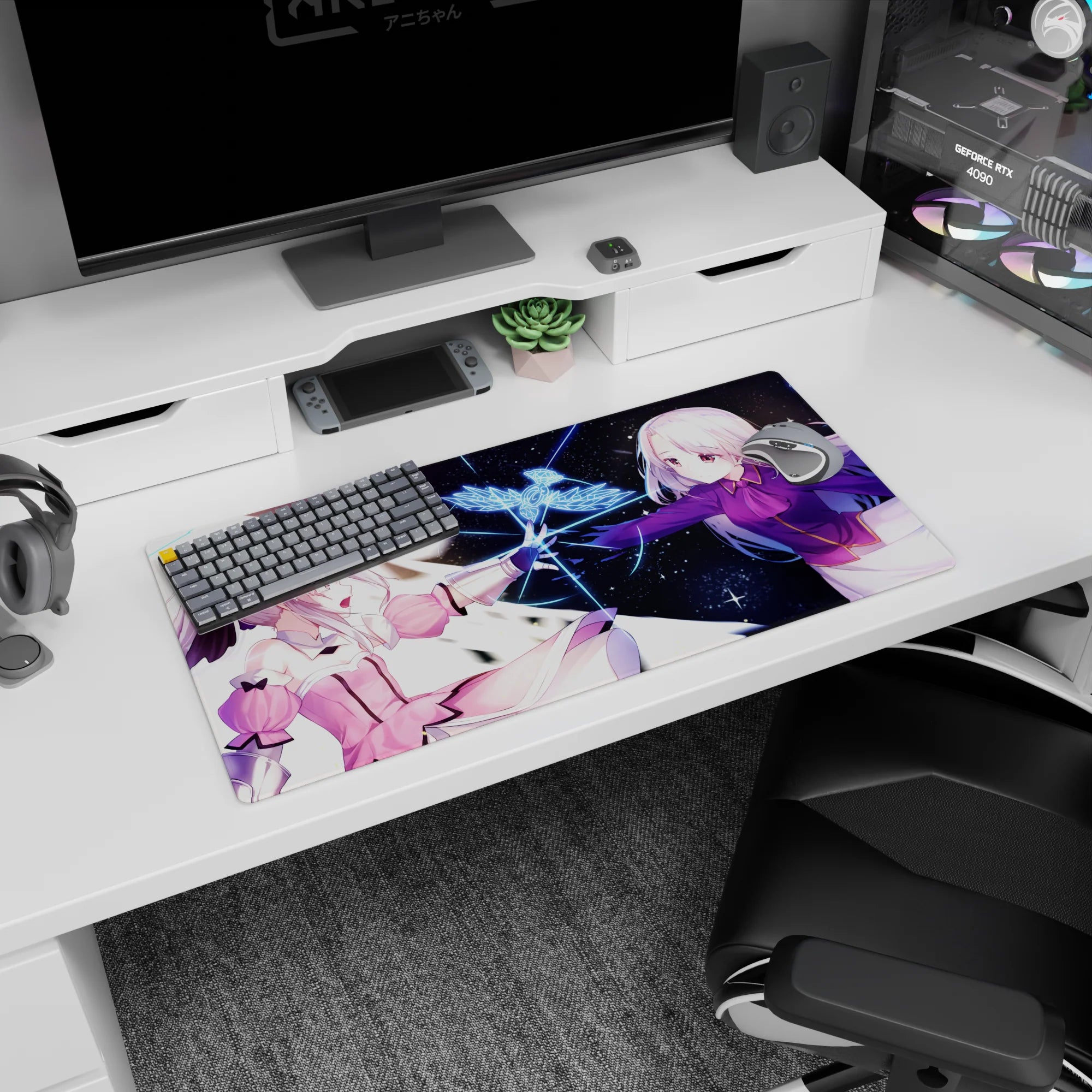 32x16 inches anime girl mouse pad showing two girls touching fingertips, sparks forming a neon-blue bird.