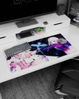 32x16 inches anime girl mouse pad showing two girls touching fingertips, sparks forming a neon-blue bird.
