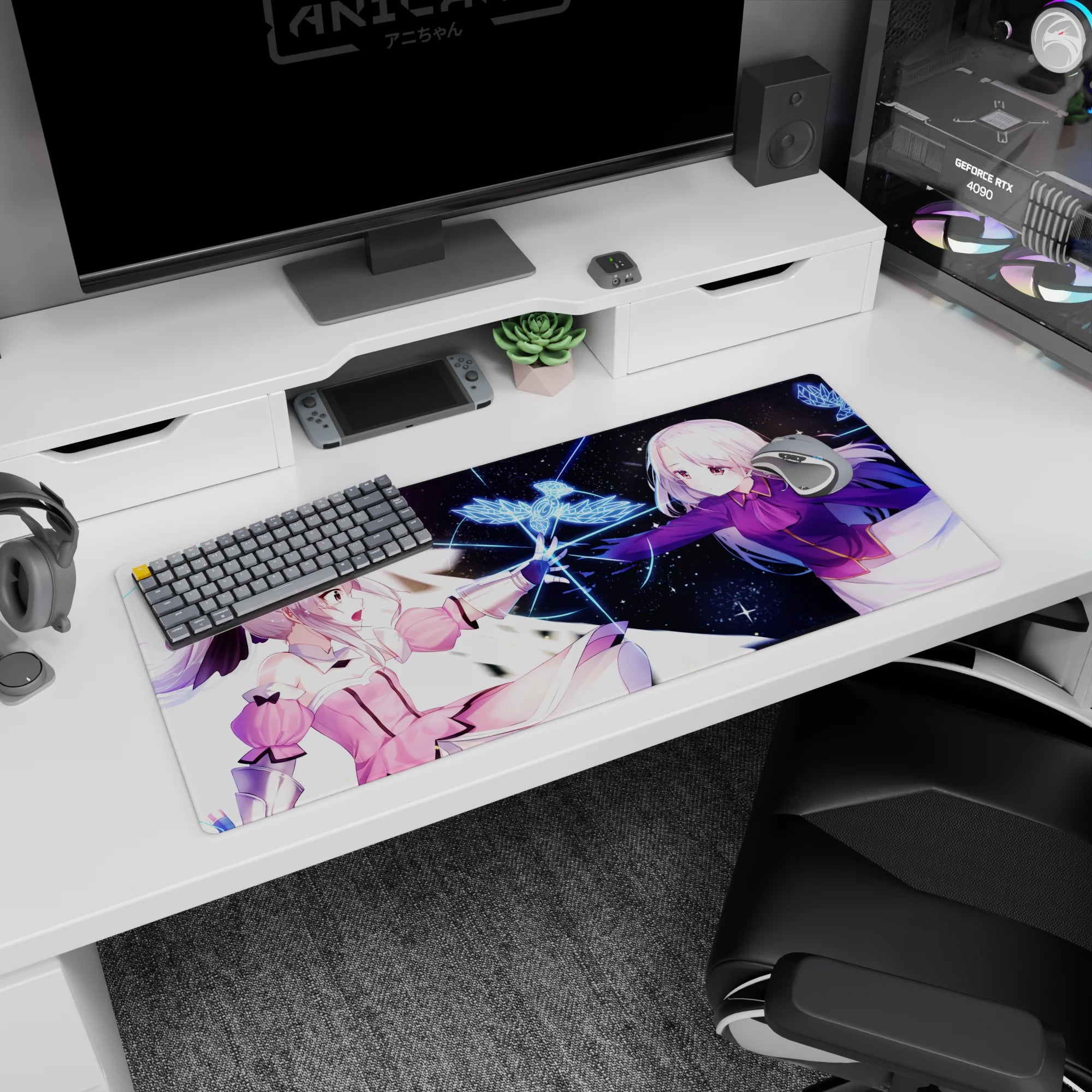 Anime girl mouse pad 36x16 inches showing two girls touching fingertips as a glowing blue bird symbol sparks.