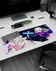 Anime girl mouse pad 36x16 inches showing two girls touching fingertips as a glowing blue bird symbol sparks.