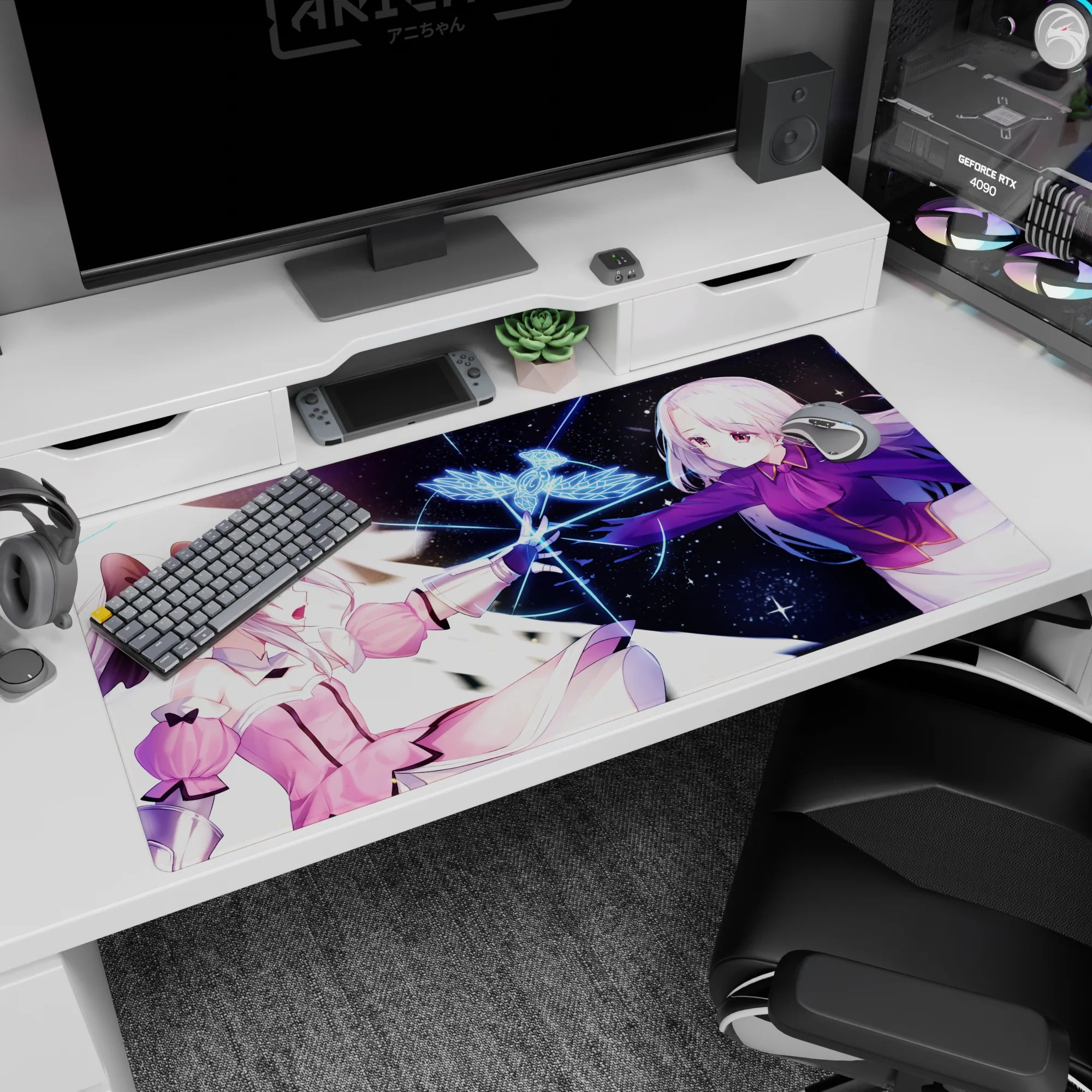 40x20 inches anime girl desk pad showing two friends reaching across space, fingertips sparking magic.