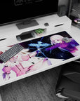 40x20 inches anime girl desk pad showing two friends reaching across space, fingertips sparking magic.