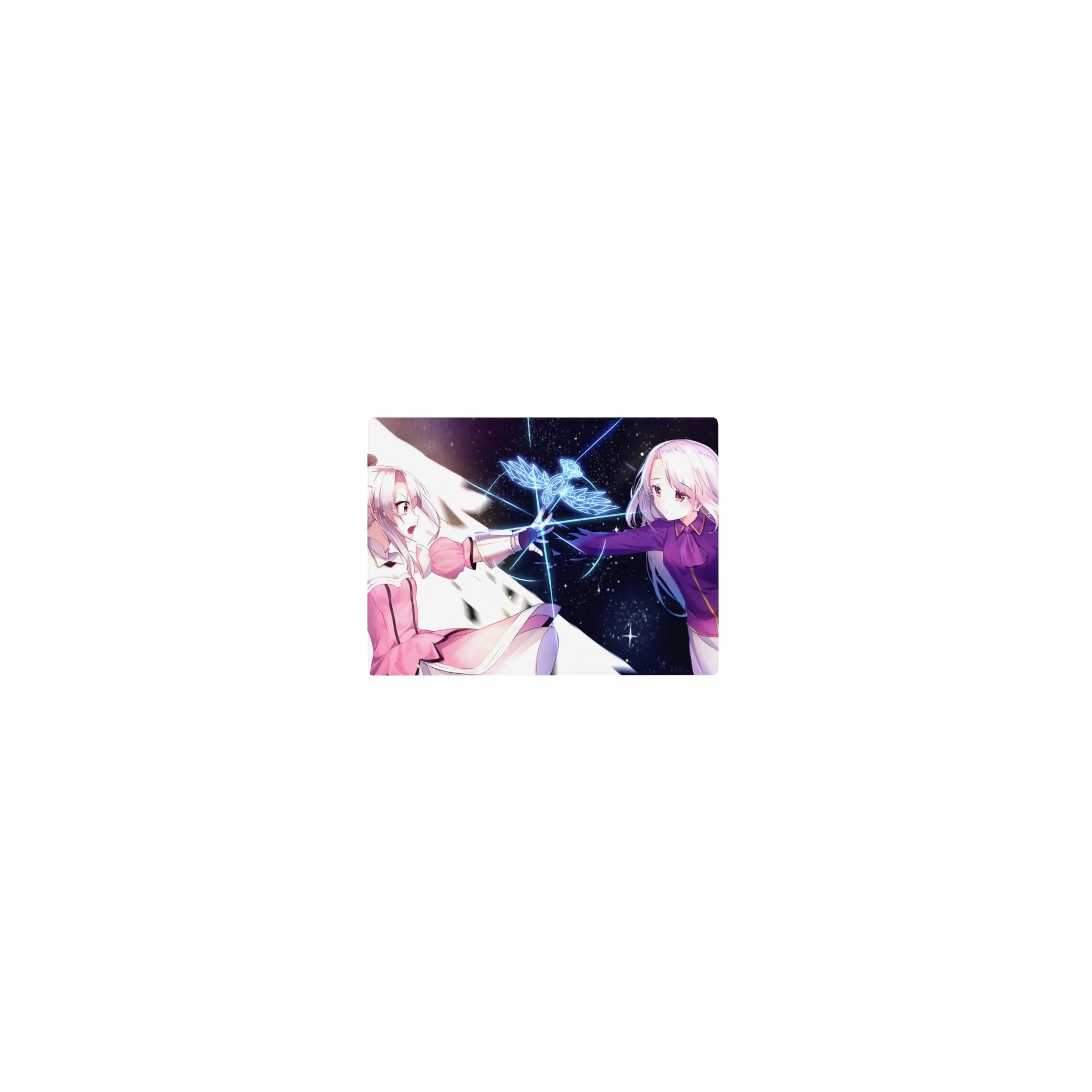 Classic anime girl mouse pad 14x10 inches with two heroines reaching across a starry cosmic void.