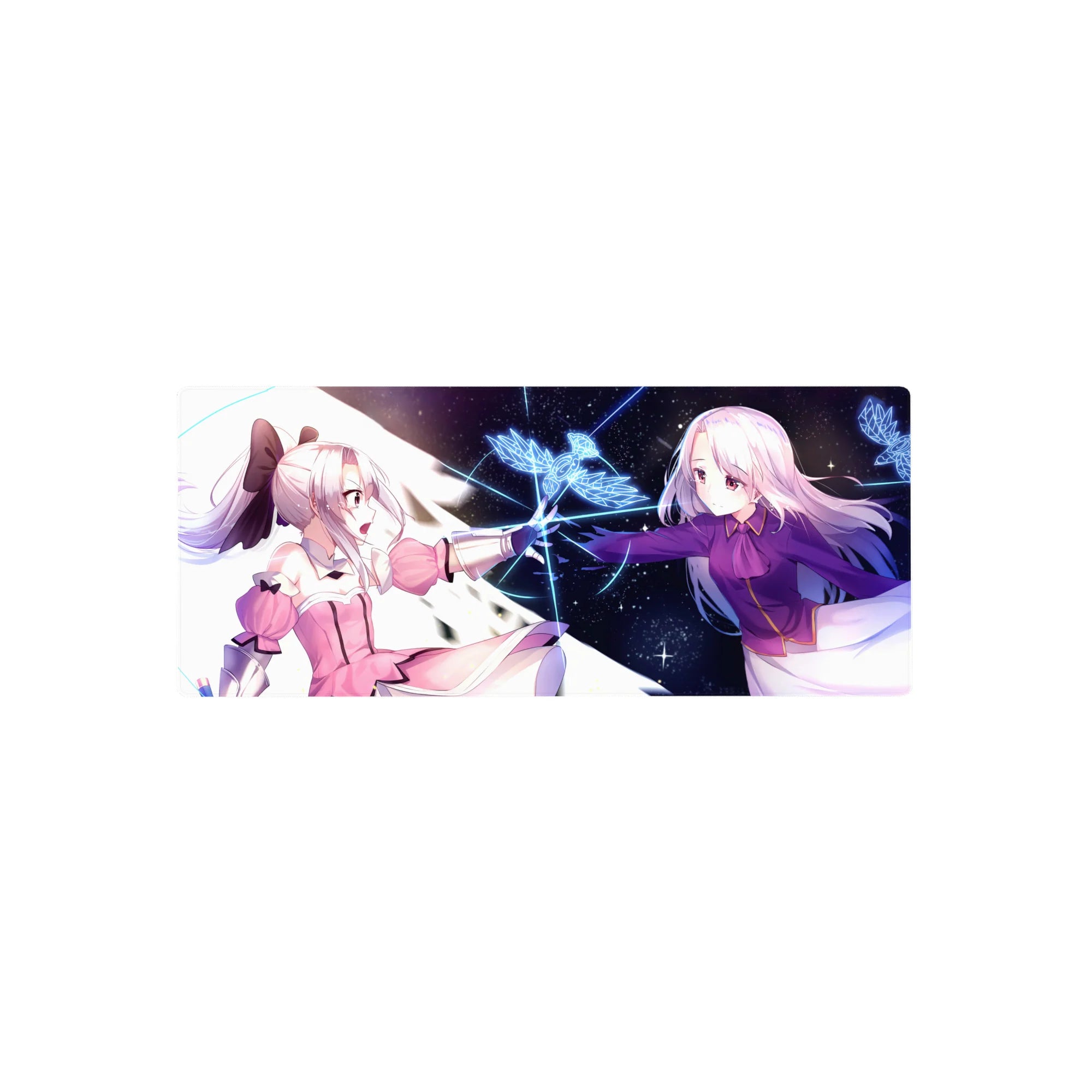 Anime girl mouse pad 28x12 inches with two heroines reaching across a cosmic starfield and neon bird sigil.