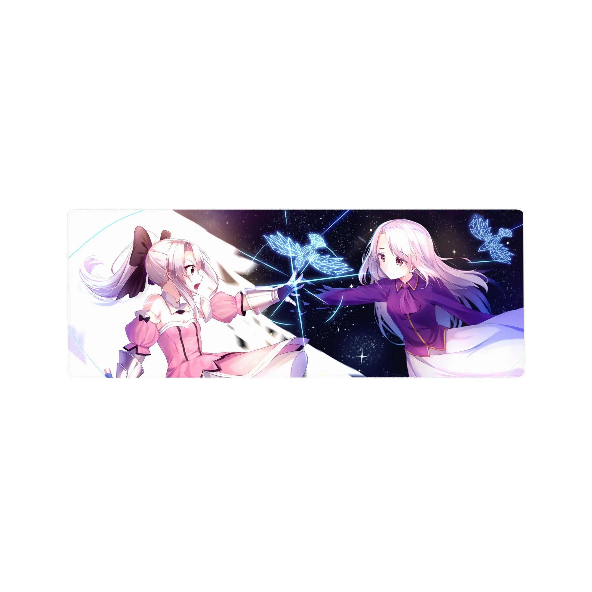 32x12 inches anime girl mouse pad with two heroines reaching across a cosmic, starry void and neon bird sigil.