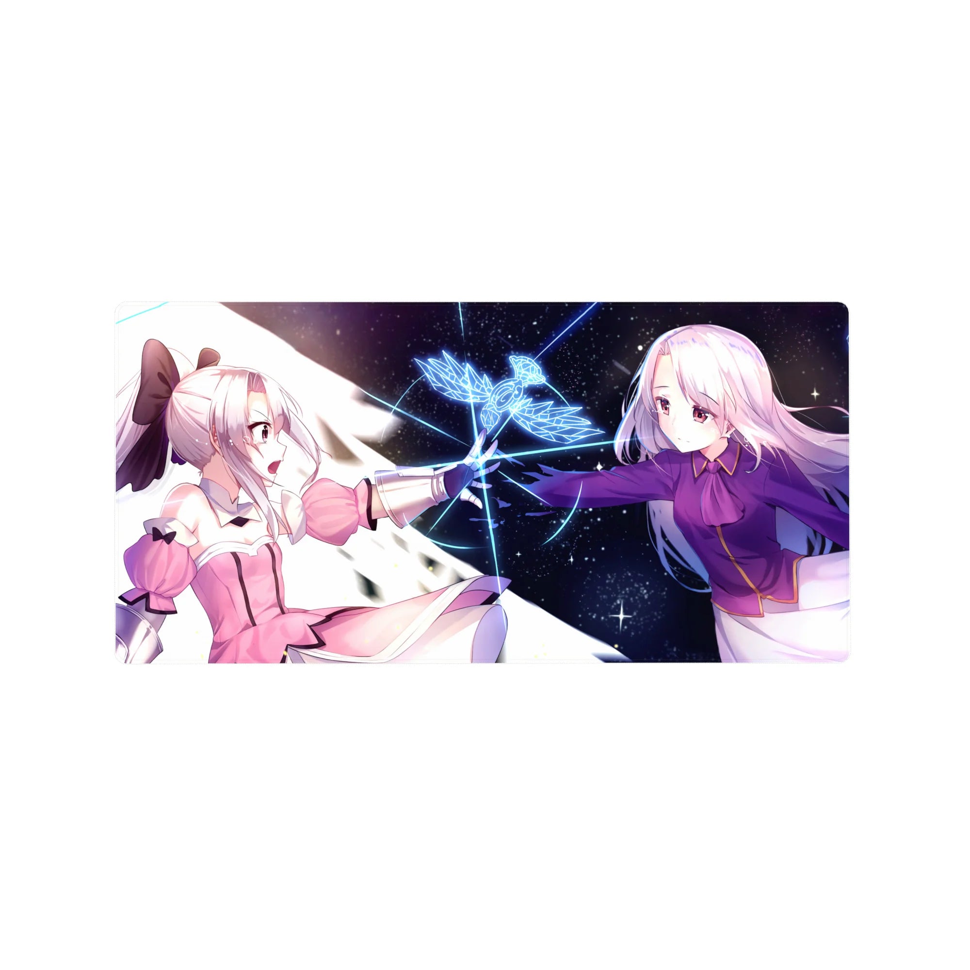 32x16 inches anime girl mouse pad with two heroines reaching across a cosmic void and neon bird sigil.