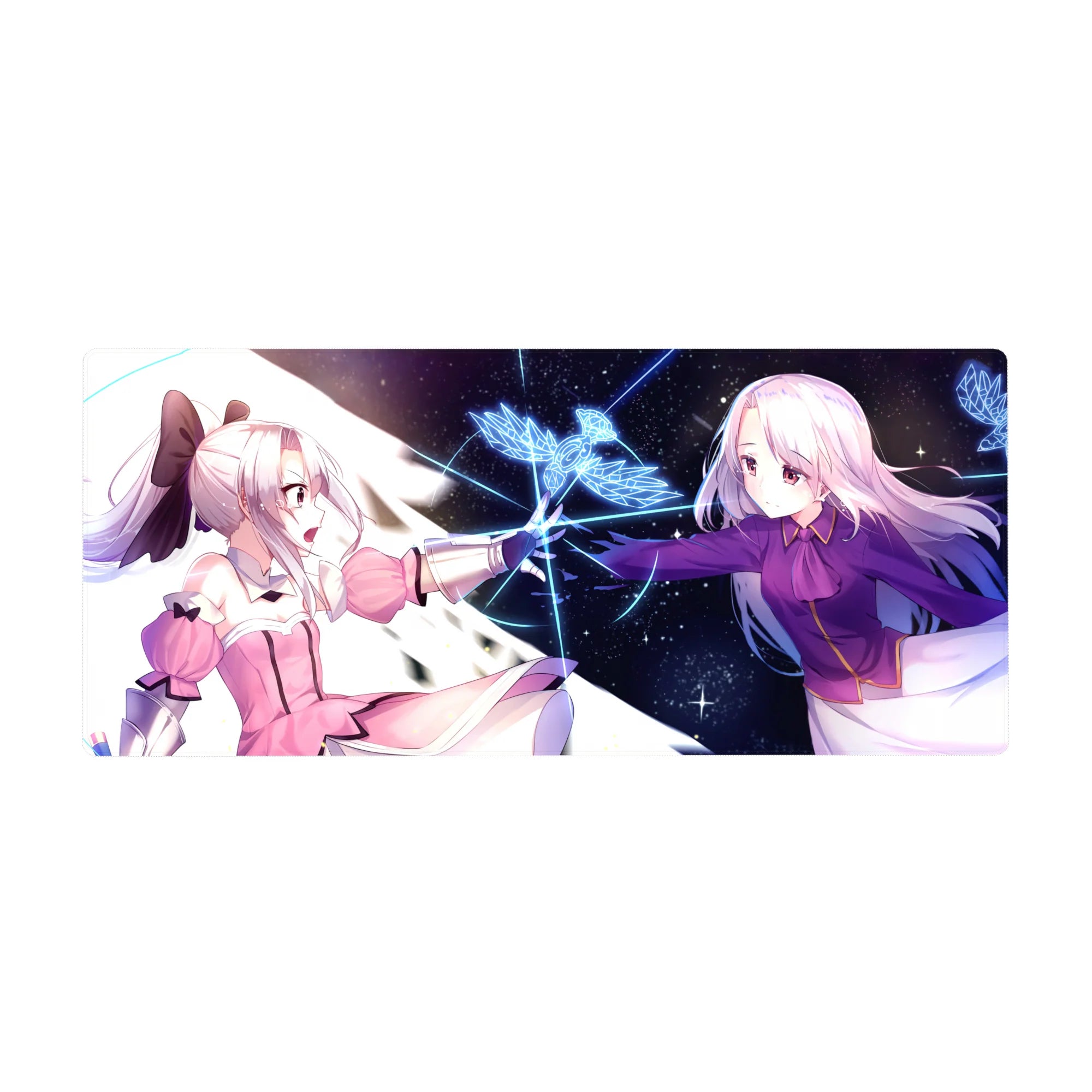 Anime girl desk pad 36x16 inches with two heroines reaching across a cosmic starfield, neon bird sigil.