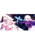 Anime girl desk pad 36x16 inches with two heroines reaching across a cosmic starfield, neon bird sigil.