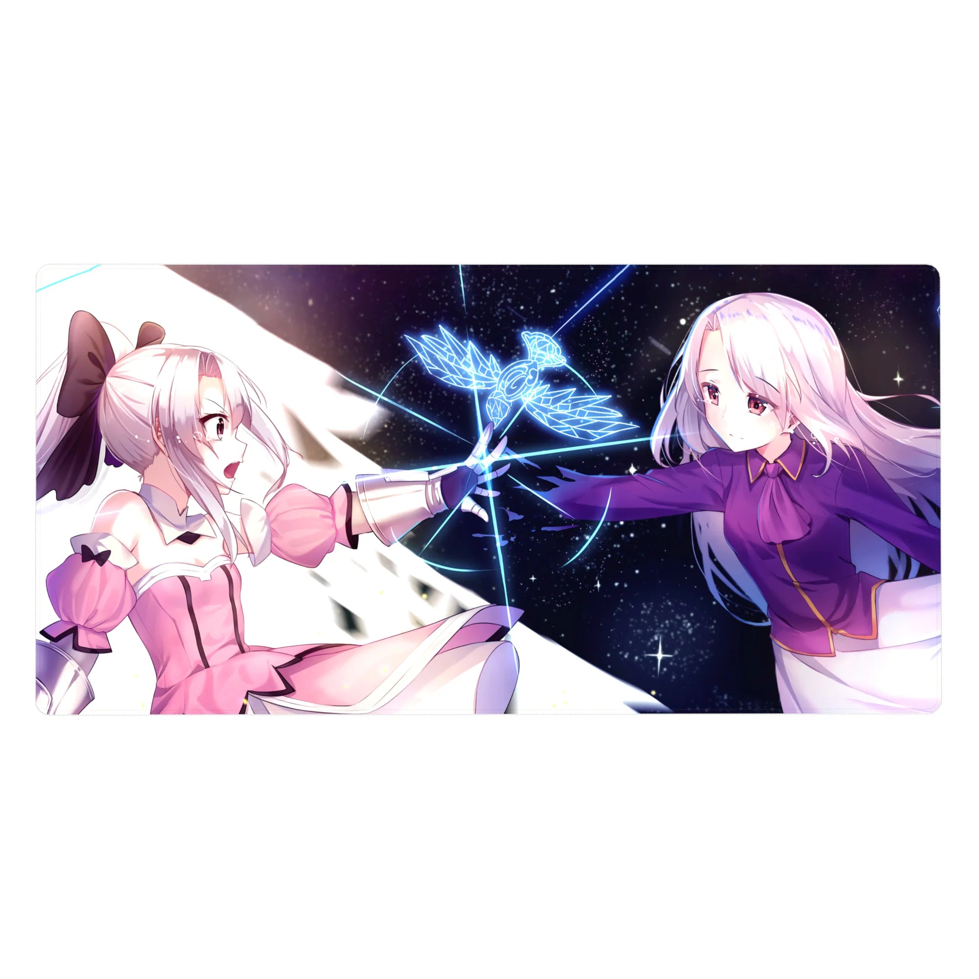 Anime girl desk pad 40x20 inches with two heroines touching hands in a starry cosmic background.