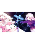 Anime girl desk pad 40x20 inches with two heroines touching hands in a starry cosmic background.