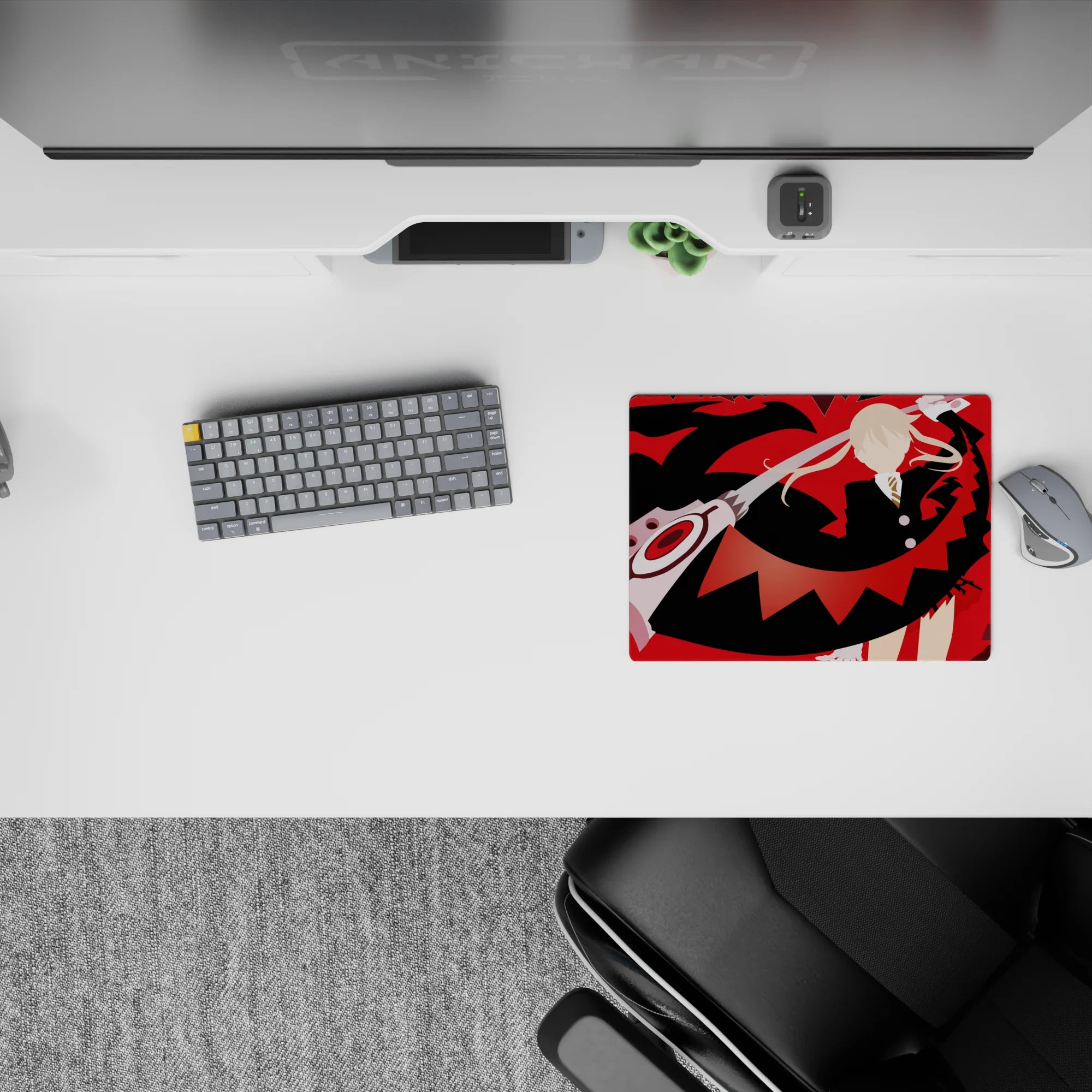 Bold red-and-black 14x10 inches anime mouse pad with jagged shards, high-contrast shadows, rebellious vibe.