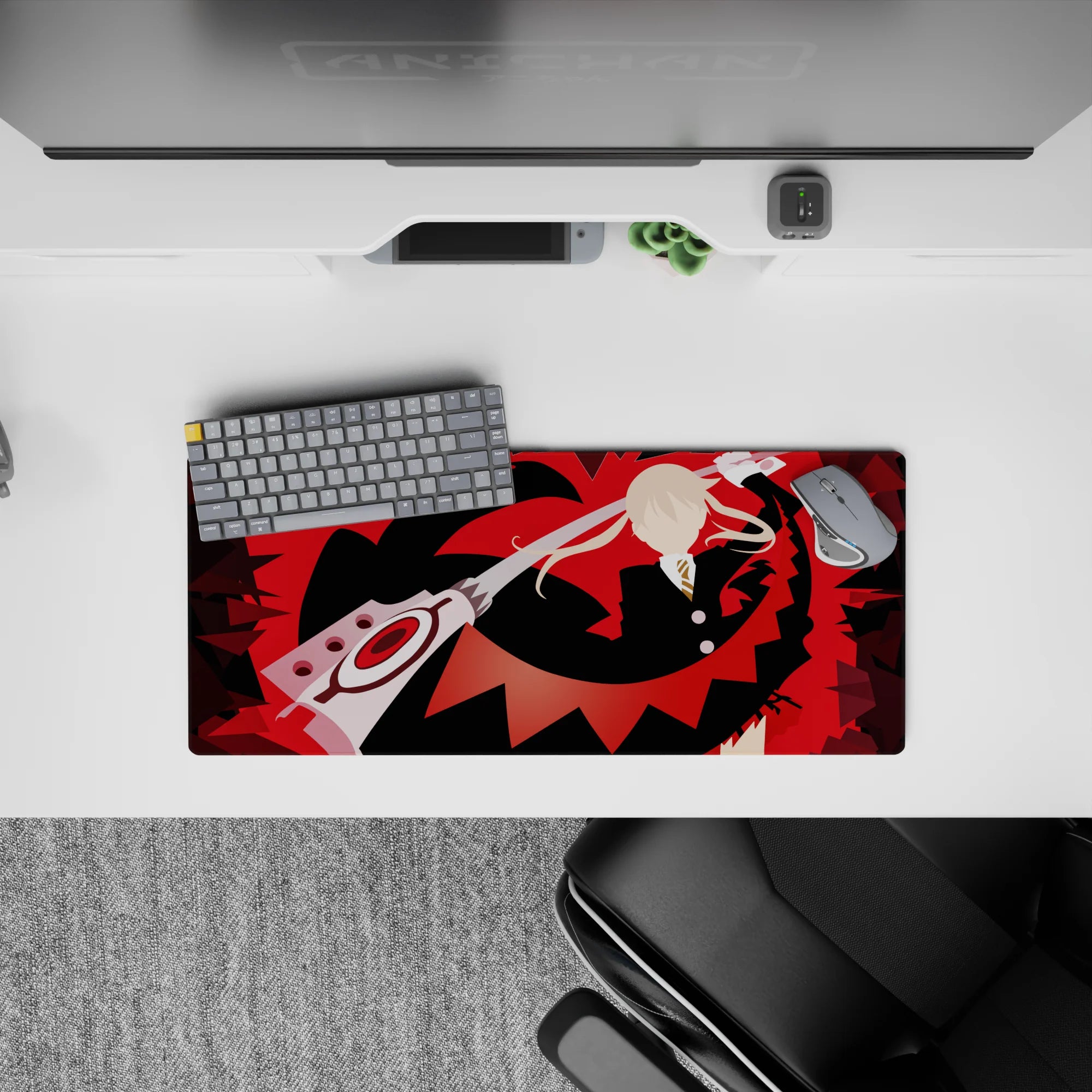 28x12 inches anime mouse pad in bold red and black with high-contrast shards, rebellious fast-cut vibe.