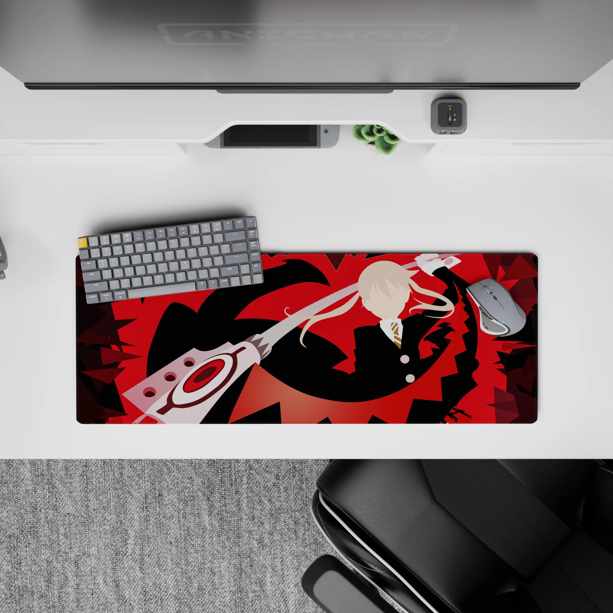 32x12 inches anime mouse pad in bold red and black, high-contrast shards and rebellious fast-cut vibe.