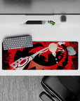 32x12 inches anime mouse pad in bold red and black, high-contrast shards and rebellious fast-cut vibe.
