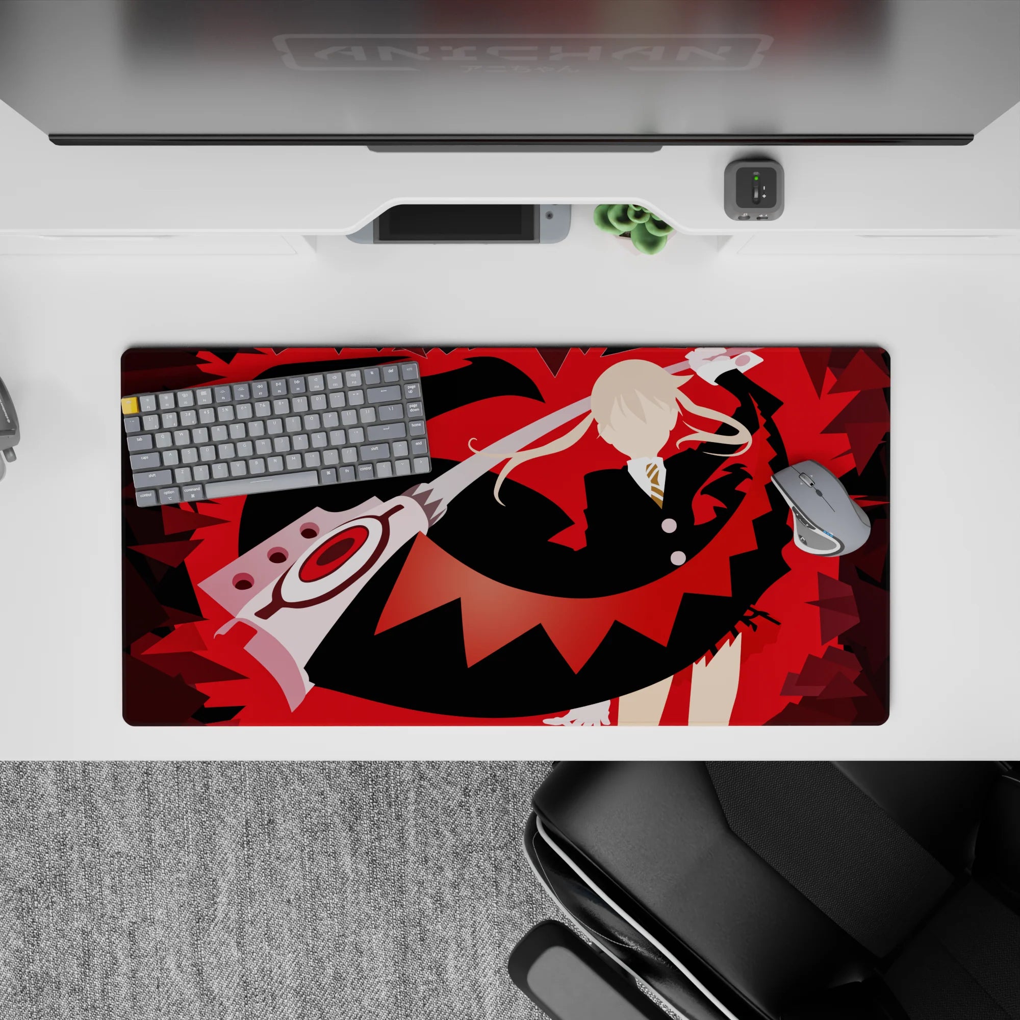 32x16 inches anime mouse pad in bold red and black, high-contrast shards for a rebellious poster vibe.