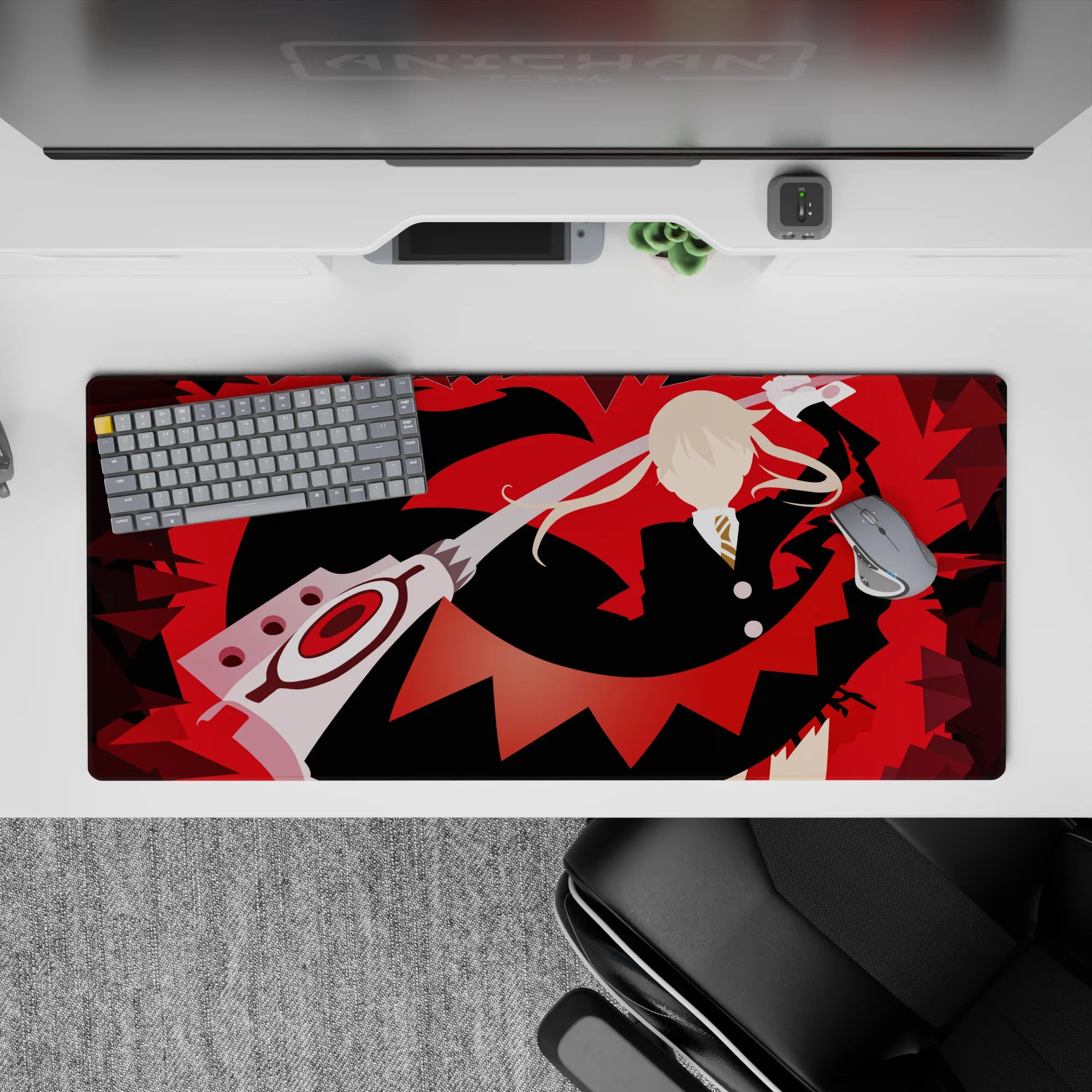 36x16 inches anime desk pad in bold red and black with jagged shards, high-contrast rebellious poster vibe.