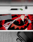 36x16 inches anime desk pad in bold red and black with jagged shards, high-contrast rebellious poster vibe.
