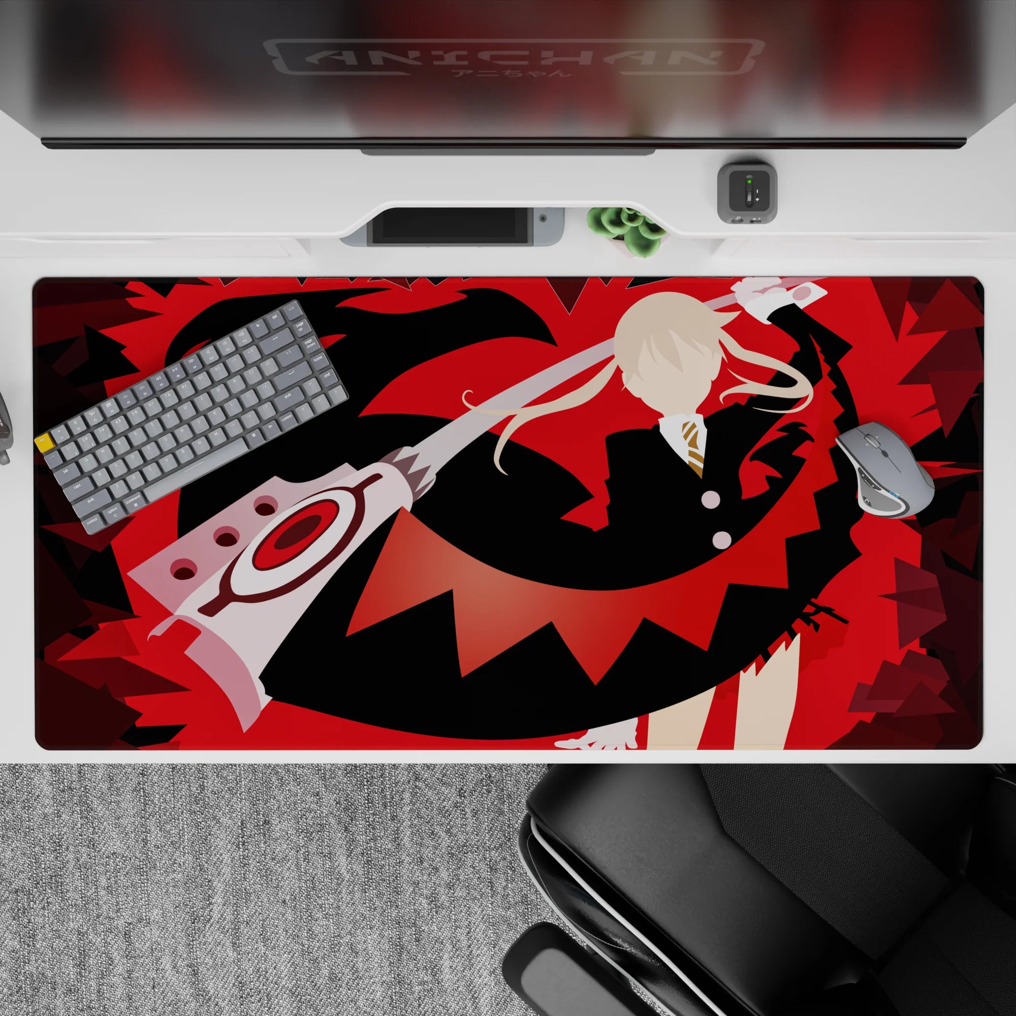 Red-and-black anime desk pad 40x20 inches, high-contrast shards and rebellious poster-style mood for gaming.