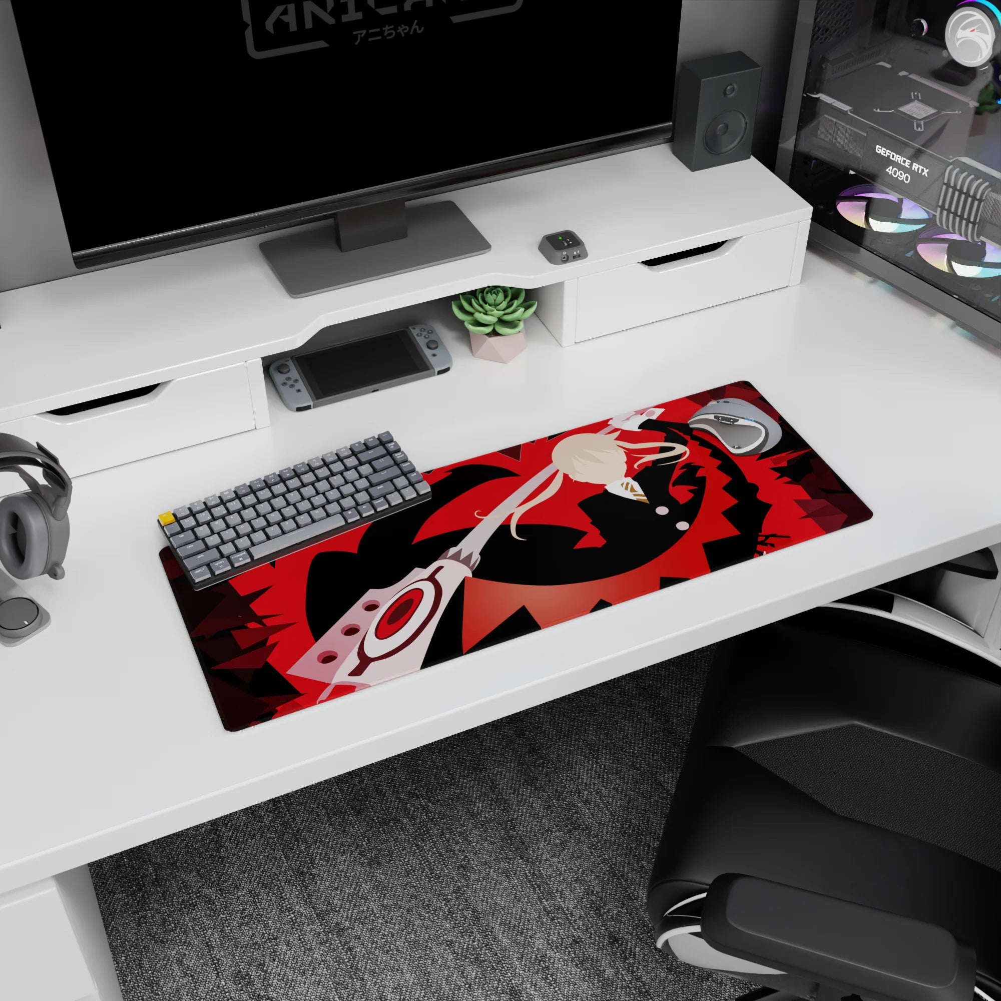 32x12 inches anime mouse pad showing a blond fighter in dark suit and gold tie swinging a giant scissor.
