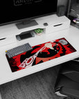 32x12 inches anime mouse pad showing a blond fighter in dark suit and gold tie swinging a giant scissor.