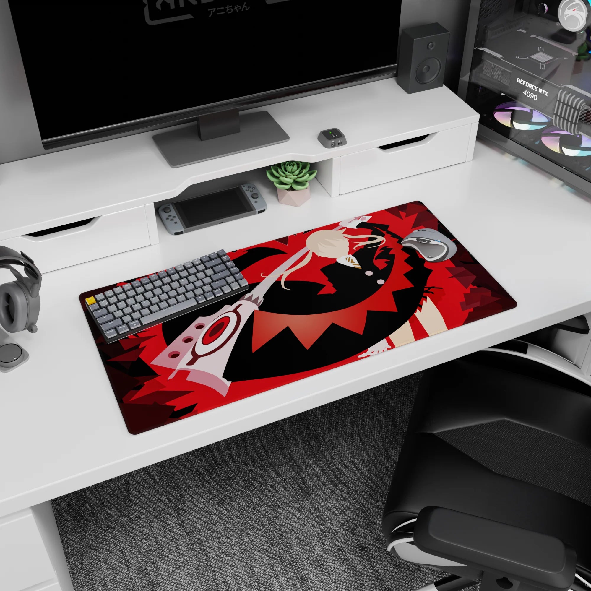 32x16 inches anime mouse pad featuring a blond fighter in dark suit and gold tie dodging a huge scissor blade.