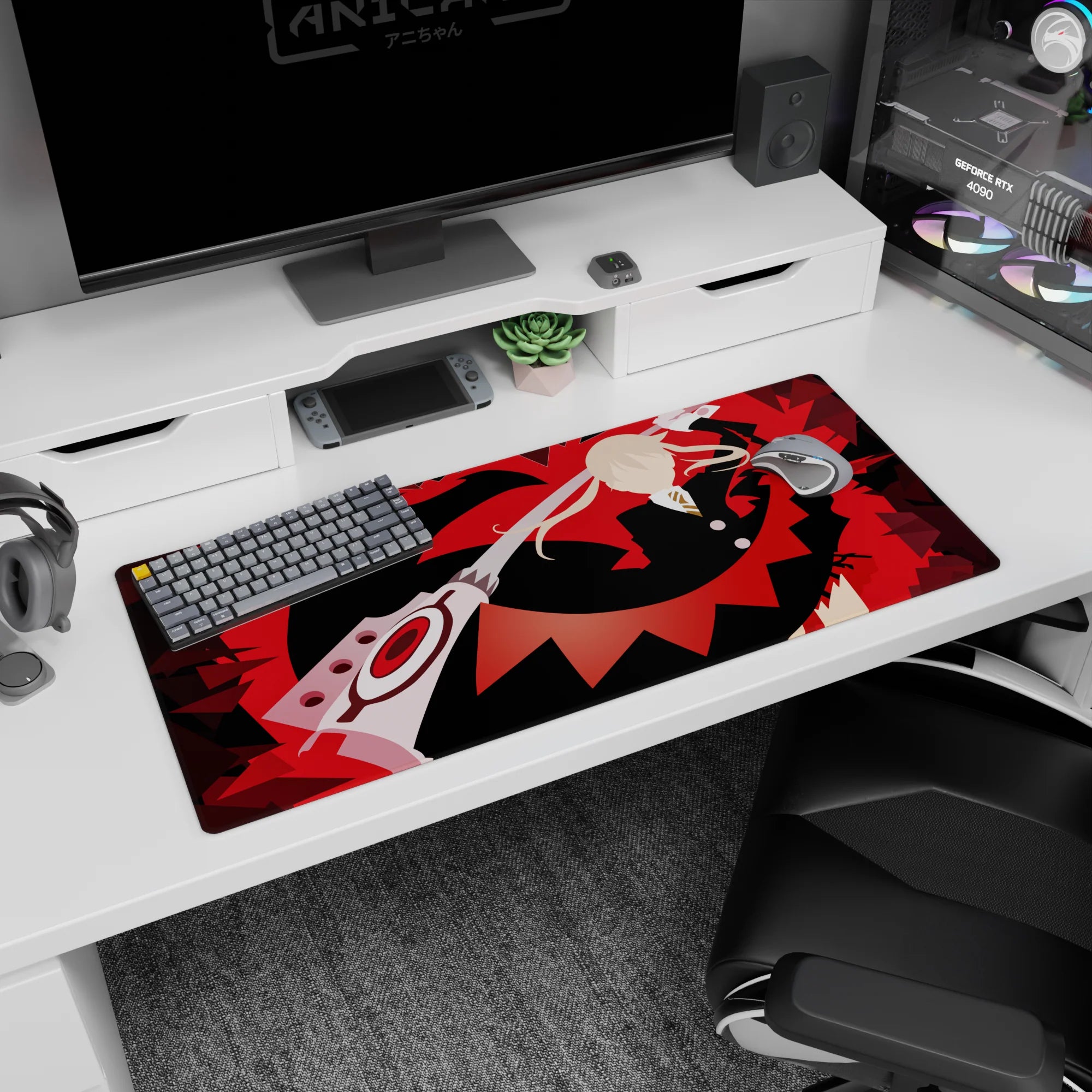 36x16 inches anime desk pad showing blond fighter in dark suit and gold tie swinging a giant scissor blade.